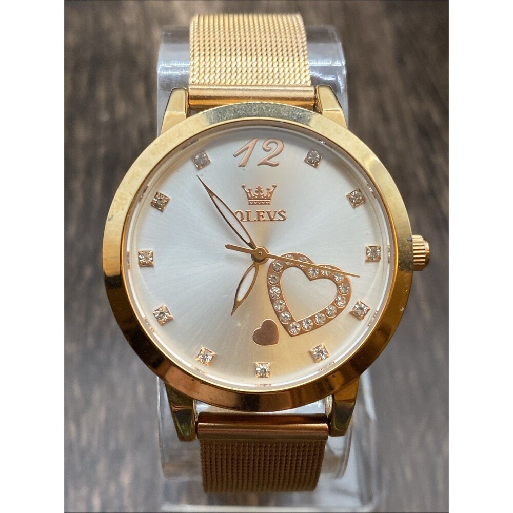 OLEVS Rose Gold Hearts 5189L Womens Watch Gemmed Dial Mesh Stainless New Battery